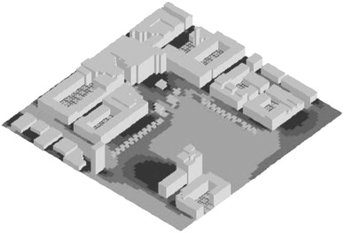 Three-dimensional model of the area showing vegetation and building volumes.