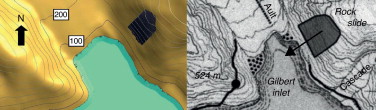 Vista en planta del deslizamiento de Lituya Bay. Izquierda: Cartografía ...