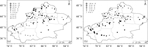 Spatial distribution of trends in annual gale days and annual dust storm days in ...