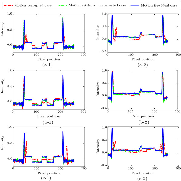 Comparisons of one pixel wide intensity profiles taken from the axial slices (at ...
