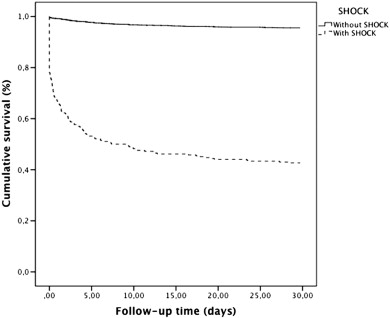 Kaplan–Meier survival curves for consecutive patients with STEMI with and ...
