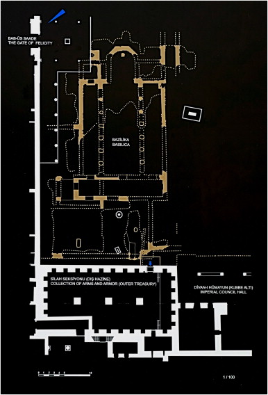 The general survey plan of the Outer Treasury with the basement of the Byzantine ...