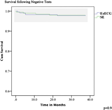 Kaplan–Meier survival curve analysis in low post-test risk patients in SE vs. ...