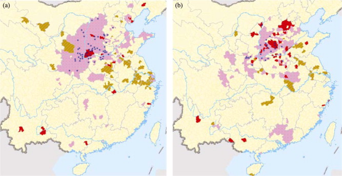 Distribution of famine (pink), locust plague (brown), and pestilence (red) ...