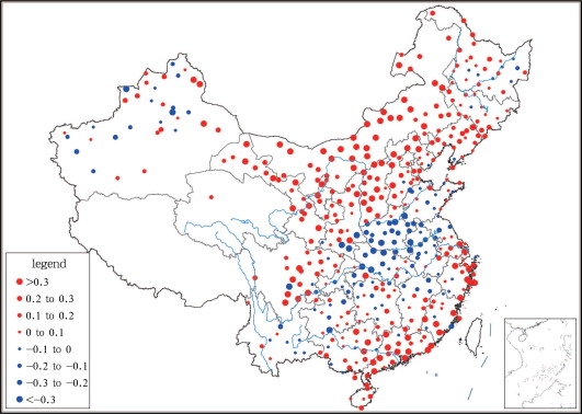 The linear trends of annual heat wave days in China from 1961 to 2010 (unit: d ...