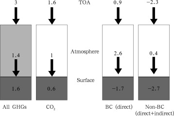 Comparison of the global mean radiative forcing due to greenhouse gases, BC, and ...