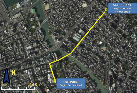 Route of Hakata Dontaku parade festival.