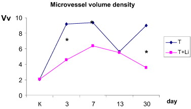 Volume density (Vv) of blood microvessels in tumours.T — tumour; T+Li — 20days ...