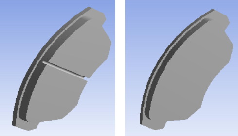 Brake pads with and without groove in the pad material.