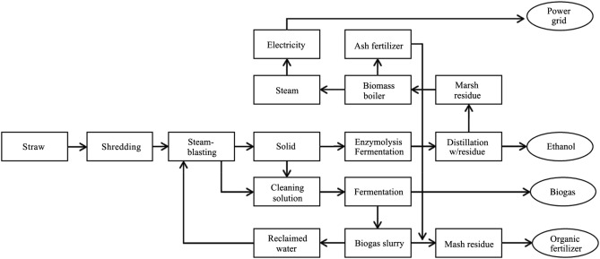 Coproduction process of cellulosic ethanol, gas, electricity and fertilizer.