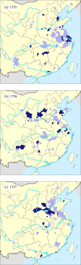 Distributions of the areas where persistent precipitation occurred (dark blue) ...