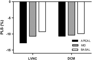 Basal, median and apical strain values in LVNC and DCM groups.Mean PLS in LVNC ...