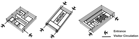 Left: westward exhibition hall of Hefei-Kurume Friendly Art Gallery; Middle: ...