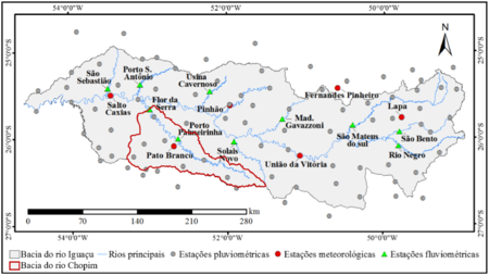 Localização das estações pluviométricas, meteorológicas e fluviométricas da bacia hidrográfica do rio Iguaçu