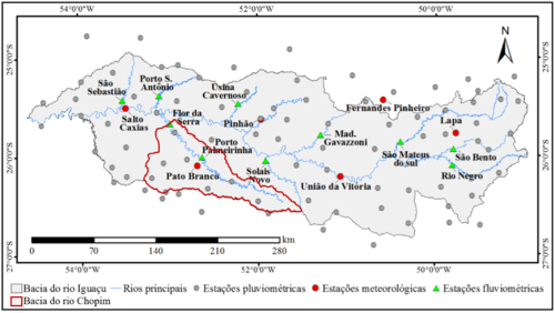 Localização das estações pluviométricas, meteorológicas e fluviométricas da bacia hidrográfica do rio Iguaçu