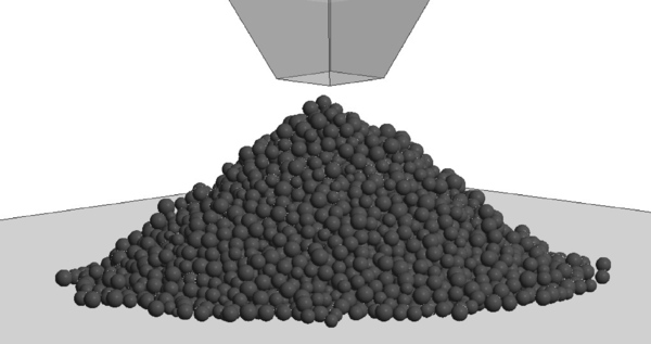 Repose angle of a granular material represented by spheres with rolling friction.