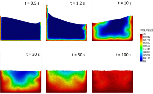 2D sloshing of a fluid in a heated tank. Snapshots of fluid geometry at six different times. Colours indicate temperature contours