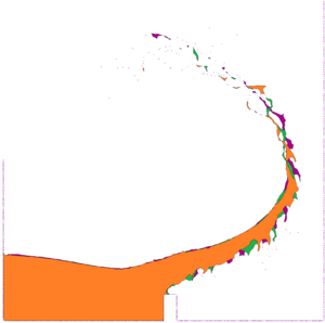 Collapse of a water column over a rigid step. Superposition of the 2D results obtained at t=0.3s with the meshes with average size 0.002m (orange), 0.0025m (pink) and 0.003m (green) (slip conditon on the walls).
