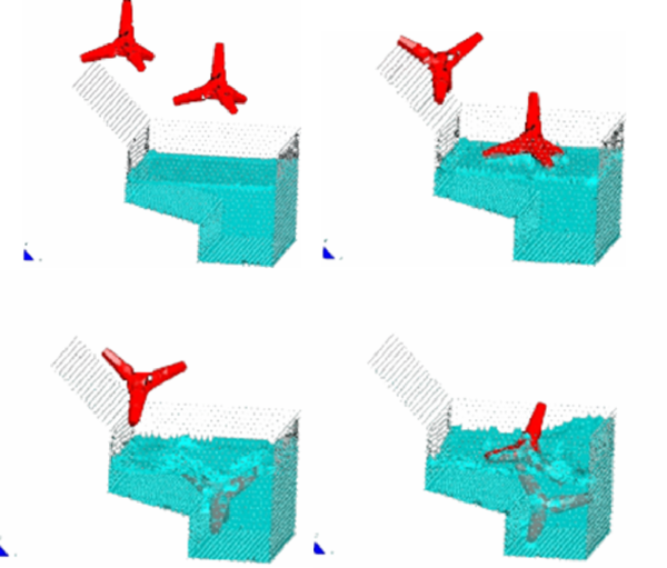 Motion of two tetrapods falling in a water container.