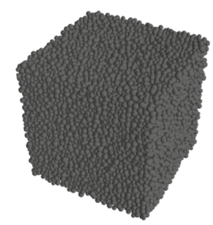 Example of a cube of side 90 \hbox m filled with spheres with radii between 0.01 \hbox m and 0.02 \hbox m. Source: Roselló et al. [110].