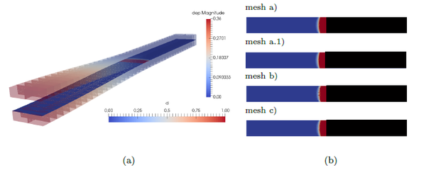 DCB problem: (a) subdomains and interfaces (b) crack's front after the 11th step where pre-crack is in black and d is the damage variable ranging from 0 (healthy point) to 1 (completely damaged interface point)