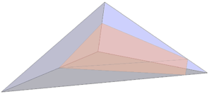 Reproduced intersection pattern for the case of four intersected edges - When the tetrahedron (blue) is intersected at four edges, two triangles (red) are generated out of the four intersection nodes.
