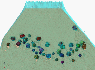 3D PFEM results for the dragging of a collection of large rocks by a water stream