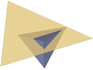 Plane cutting one tetrahedron in three edges - The geometrical configuration is chosen such that the tetrahedron (blue) is intersected in three edges by a triangular structure (yellow) resulting in a triangular intersection surface.