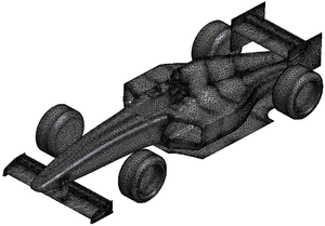 Structure mesh of Formula 1 car - The surface model is meshed with 2.8e5 triangle elements.