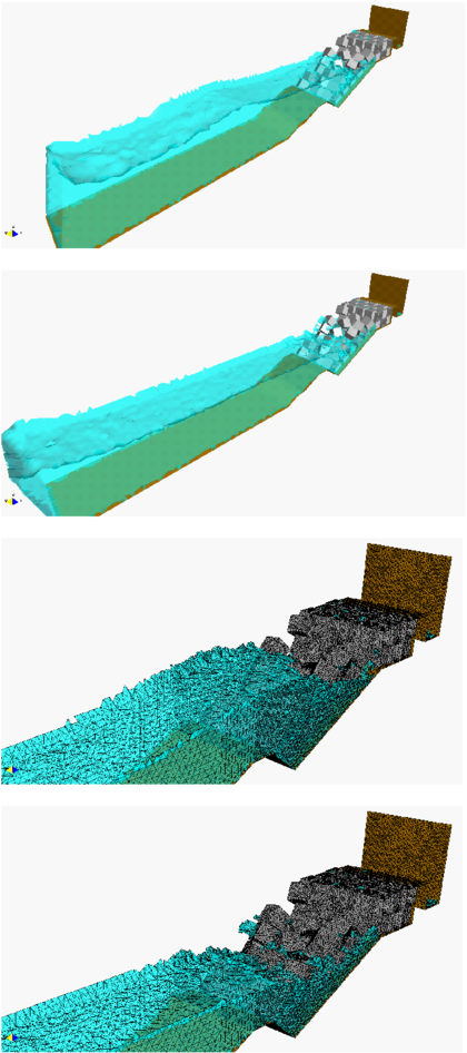 Effect of breaking waves on a breakwater slope containing reinforced concrete blocks. Detail of the mesh of 4-noded tetrahedra near the slope at two different times