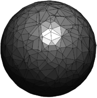 Approximated sphere surface - Both figures show the same sphere which is obtained after applying the improved distance function. The left figure shows the sphere without mesh lines (fluid mesh: 8e4 elements, fluid elements size 0,028).