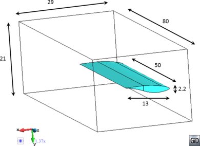 Model used in the validation example VE-F1. View of the geometry of the model and its characteristic sizes (in uol).