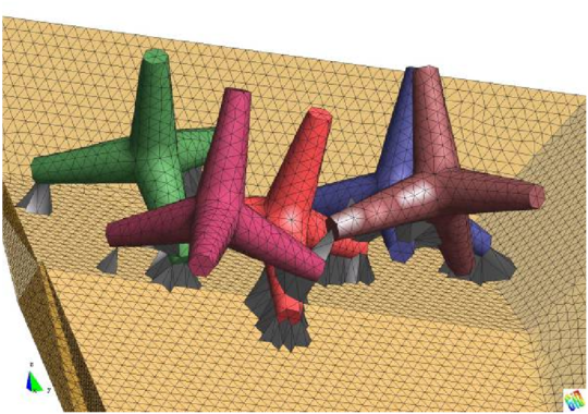 Detail of five tetrapods on an inclined plane. The layer of elements modeling the   frictional contact conditions is shown
