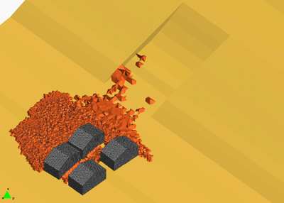 3D PFEM simulation of a landslide falling on four houses