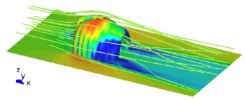 Aerodynamic analysis results performed by CIMNE. Air particles around ECCOMAS 2000 inflated pavilion developed by BuildAir