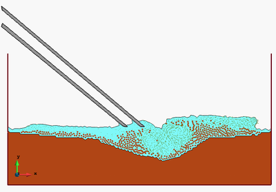 2D PFEM analysis of the detachment and suction of cohesive material submerged in water. The last picture shows the erosion of the bed material after the impact of the mixture of water and eroded particles falling from within  the tube