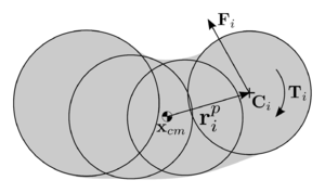 Forces and torques applied over a rigid body discretised as a cluster with overlapped spheres.
