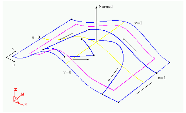 Criterion of signs and orientations of the trimming lines of a   trimmed surface.