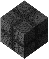 Discretization of the structure domain - Clearly visible is the structured grid along the evaluation lines around the cube.