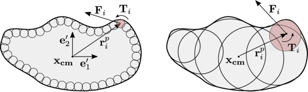 Discretization of a rigid body using a cluster approach with spheres on the surface or overlapping in the interior