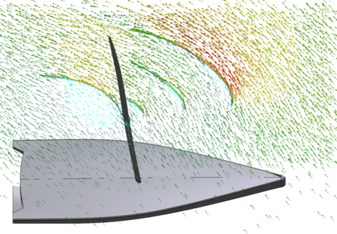 3D flow around a sailboat. Velocity field cross section at height 12.5m [m/s].