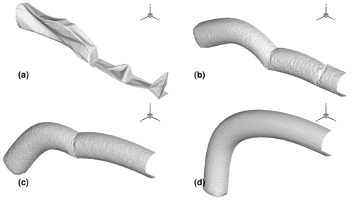Inflation of a tubular arch. (a) Deflated tube. (b),(c) Deformed configuration during the inflation process. (d) Final inflated configuration