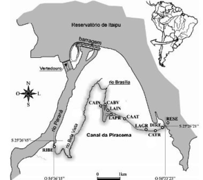 Canal da Piracema incluindo o rio Paraná, rio Bela Vista(RIBE), riacho Brasília, Canal de Deságüe do rio Bela Vista (CABV), Canal de Iniciação (CAIN), Lago Inferior (LAIN), Lago Principal (LAPR), Canal de Alimentação em Aterro (CAAT), Lago das Grevilhas (LAGR), Canal de Alimentação em Trincheiras (CATR), Dique de Regulagem (DIRE) e Reservatório (RESE).