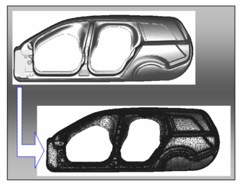 Lateral panel of an automotive. Finite element mesh of 457760   triangles used   for the simulation