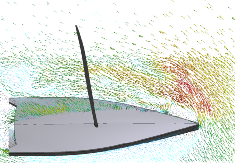 3D flow around a sailboat. Velocity field cross section at height 1m [m/s].