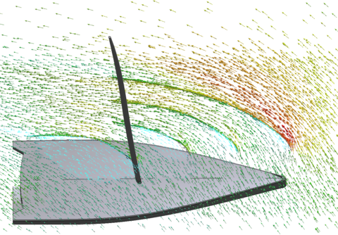 3D flow around a sailboat. Velocity field cross section at height 5m [m/s].
