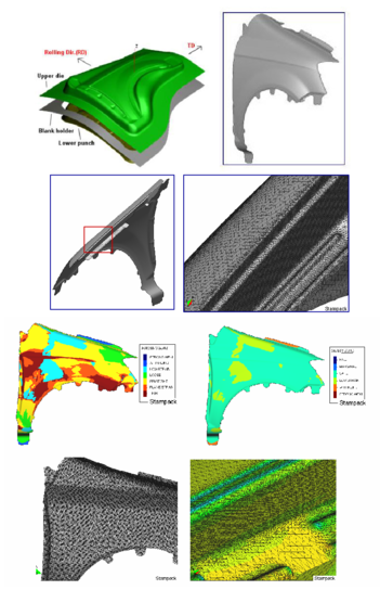 Front fender. Results of the stamping analysis using an   initial mesh of   121960 EBST1 elements. The final adapted mesh had 389870 elements