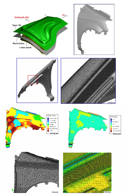 Front fender. Results of the stamping analysis using an   initial mesh of   121960 EBST1 elements. The final adapted mesh had 389870 elements