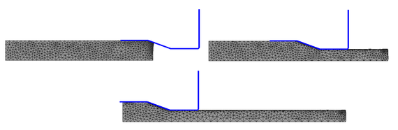 Extrusion of a steel plate at three  time instants: t = 0.9s, t = 11.9s, t = 24.9s. Inclined die wall