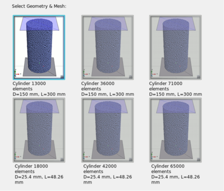 Geometry and mesh selection available for the hydrostatic, triaxial, UCS and Oedometric tests